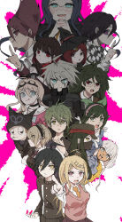 6+boys 6+girls :q absurdres ahoge akamatsu_kaede amami_rantaro android antenna_hair back-to-back backpack badge bag barbed_wire beanie belt between_fingers black-framed_eyewear black_choker black_corset black_dress black_eyes black_gloves black_hair black_hairband black_hat black_jacket black_mask black_pants black_scarf black_shirt blazer blonde_hair blood blood_splatter blue_bow blue_bowtie blue_eyes blue_gemstone blue_hair blue_serafuku blue_shirt blue_skirt blunt_bangs blunt_ends blush bob_cut bow bowtie breasts brown-framed_eyewear brown_hair brown_jacket brown_necktie bullet buttons checkered_clothes checkered_scarf choker cigarette clenched_hand closed_mouth coat collarbone collared_jacket collared_shirt commentary_request corset covered_mouth cowboy_shot cropped_legs cropped_torso dagger danganronpa_(series) danganronpa_v3:_killing_harmony determined double-breasted dress dress_pants drooling everyone expressionless eyelashes eyes_visible_through_hair facial_hair fake_horns frilled_skirt frilled_sleeves frills frown furrowed_brow gakuran gem gem_hair_ornament glasses gloves goatee goggles goggles_on_head gokuhara_gonta green_bow green_eyes green_hair green_hat green_jacket green_necktie grey_hair hair_between_eyes hair_bow hair_ornament hair_over_one_eye hair_over_shoulder hair_scrunchie hairband hairclip half-closed_eyes happy harukawa_maki hat hat_belt high_collar highres holding holding_dagger holding_knife holding_tablet_pc holding_weapon horned_headwear horns hoshi_ryoma indoors iruma_miu jacket jewelry k1-b0 knife lace-trimmed_hairband lace_trim lapels large_breasts layered_sleeves leaning_to_the_side leather leather_jacket light_frown long_eyelashes long_hair long_hair_between_eyes long_sidelocks long_sleeves low_twintails mask messy_hair midriff miniskirt mole mole_under_eye momota_kaito mouth_hold mouth_mask multiple_boys multiple_girls multiple_hair_bows musical_note musical_note_hair_ornament necklace necktie notched_lapels o-ring oma_kokichi open_clothes open_coat open_jacket open_mouth orange_bow orange_bowtie own_hands_together pale_skin pants peaked_cap pendant pinafore_dress pink_belt pink_blood pink_hairband pink_shirt pink_vest pleated_skirt pointing pointing_at_viewer pointing_up poster_(medium) print_headwear purple_coat purple_hair purple_necktie purple_skirt raincoat red_eyes red_hair red_scrunchie round_eyewear saihara_shuichi sailor_collar scarf school_uniform scrunchie serafuku shinguji_korekiyo shirogane_tsumugi shirt short_hair sidelocks skirt skirt_set sleeveless sleeveless_dress sleeves_past_wrists smile spiky_hair spoilers standing straight_hair striped_clothes striped_shirt tablet_pc teeth tojo_kirumi tongue tongue_out twintails two-tone_scarf two-tone_shirt undershirt upper_teeth_only v-neck v-shaped_eyes vest violet_eyes waguri_(ronpa) weapon white_background white_bag white_belt white_bow white_bowtie white_hair white_sailor_collar white_scarf white_shirt witch_hat wrist_belt yellow_eyes yellow_raincoat yonaga_angie yumeno_himiko zipper 