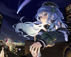  1girl absurdres apple_juice ayeon beret black_hat blue_hair building city city_lights closed_mouth comet earrings floating_hair green_ribbon hat highres holding_juice_box hololive hoshimachi_suisei hoshimachi_suisei_(casual) jewelry juice juice_box long_hair long_sleeves looking_ahead night night_sky official_alternate_costume ribbon sky solo virtual_youtuber wind yellow_eyes 