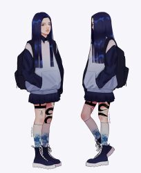  1girl aegyo_sal asian backpack bag black_bag black_eyes blue_boots blue_collar blue_eyes blue_hair blue_skirt blue_sleeves blunt_ends boots closed_mouth collar collared_sweater eyelashes hand_in_pocket heterochromia highres kanagawa_okinami_ura kneehighs leg_tattoo looking_at_viewer multiple_views original oversized_sweater parted_hair platform_boots pleated_skirt reference_sheet simple_background skirt sleeves_past_fingers sleeves_past_wrists snake_tattoo socks standing straight_hair streetwear sweater tattoo thick_lips thigh_strap twitter_username umi_(zeebythesea) untucked white_background white_socks white_sweater zeebythesea 