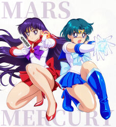  1girl aiming archery back_bow bishoujo_senshi_sailor_moon black_hair blue_boots blue_bow blue_bowtie blue_choker blue_eyes blue_hair blue_sailor_collar blue_skirt blue_theme boots border bow bowtie brooch character_name choker circlet closed_mouth commentary_request dated earrings elbow_gloves full_body gloves high_heel_boots high_heels highres hino_rei jewelry knee_boots long_hair magic magical_girl miniskirt mizuno_ami ofuda on_one_knee open_mouth parted_bangs pirochi pleated_skirt pumps purple_hair red_sailor_collar red_shoes red_skirt sailor_collar sailor_mars sailor_mercury sailor_senshi_uniform shoes short_hair skirt smile solo stud_earrings text_background thick_thighs thighs v-shaped_eyebrows violet_eyes white_border white_gloves 