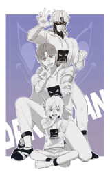  3boys bandaged_arm bandages bandaid bandaid_on_face bandaid_on_nose barefoot border brown_hair ccs_akimi child copyright_name dandadan dual_persona earrings english_commentary enjoji_jin evil_eye_(dandadan) highres hood hood_down hoodie indian_style jewelry looking_at_viewer male_focus multiple_boys on_one_knee open_mouth outside_border pants possessed short_hair sitting standing third_eye violet_eyes white_border 