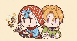  2boys :t blonde_hair blue_necktie blue_sweater cake cake_slice chibi chibi_only cropped_torso food fork green_jacket guido_mista hat holding holding_fork holding_plate jacket jojo_no_kimyou_na_bouken kasasagi_(hinagi) male_focus multiple_boys necktie pannacotta_fugo plate red_hat sex_pistols_(stand) short_hair stand_(jojo) strawberry_shortcake sweatdrop sweater vento_aureo violet_eyes yellow_background 