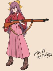  1girl absurdres atm87 boots bow brown_background brown_boots gun hair_bow hakama highres japanese_clothes kamikaze_(kancolle) kantai_collection kimono lace-up_boots meiji_schoolgirl_uniform pink_hakama purple_hair red_kimono rifle simple_background solo standing twitter_username violet_eyes weapon weapon_request yellow_bow 