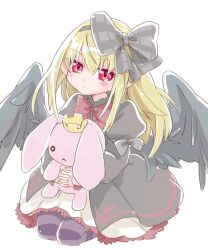  1girl black_dress black_hairband black_ribbon black_wings blonde_hair dark_feather_alma dress emil_chronicle_online hair_ribbon hairband holding holding_stuffed_toy long_hair neck_ribbon pointy_ears purple_thighhighs red_eyes red_ribbon ribbon seiza sitting solo striped_clothes striped_thighhighs stuffed_animal stuffed_rabbit stuffed_toy thigh-highs white_background wings yusa_yuyu 