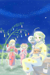  3girls alternate_costume bamboo blonde_hair blue_sky blush bow commentary_request drill_hair full_body green_eyes green_hair green_kimono green_sandals green_sash hair_bow hand_fan highres hinaichigo itini-sanshi japanese_clothes kanaria kimono long_hair looking_at_viewer multiple_girls night obi open_mouth orange_sash outdoors pink_bow pink_kimono red_kimono rozen_maiden sandals sash shinku short_hair sitting sky smile star_(sky) starry_sky tanabata twin_drills twintails 