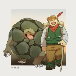  1boy backpack bag brown_pants cane closed_eyes dated facial_hair feathers golem_(pokemon) green_vest grey_shirt hat_feather highres hiker_(pokemon) hiker_(pokemon_rse) holding holding_cane hotarubi_(bugkhdu) open_clothes open_mouth pants pokemon pokemon_(creature) pokemon_rse red_feathers shirt stubble vest 