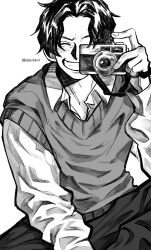  1boy camera collared_shirt commentary_request digital_camera freckles greyscale grin highres holding holding_camera long_sleeves male_focus monochrome mxhxkxcx one_piece portgas_d._ace shirt simple_background sitting smile solo sweater twitter_username white_background 