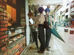  4boys black_pants blonde_hair blue_hair brick_wall brown_hair brown_shoes commentary_request food full_body hair_over_one_eye holding holding_umbrella hot_dog jinnai_enta kuji_toi looking_at_another male_focus multiple_boys necktie niiboshi_reo pancake pants photo_background sarazanmai shaaark_rotta03 shoes short_hair striped_necktie umbrella yasaka_kazuki 