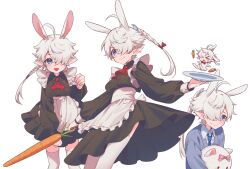  &gt;_&lt; 1boy 1girl ahoge alisaie_leveilleur alphinaud_leveilleur alternate_costume animal_ears apron ascot black_dress blue_eyes braid brother_and_sister carrot dress earrings elezen elf enmaided final_fantasy final_fantasy_xiv hair_over_one_eye hair_ribbon highres holding holding_plate holding_spoon iiinarulil jewelry kemonomimi_mode long_hair looking_at_viewer maid multiple_views one_eye_covered open_mouth pink_thighhighs plate pointy_ears ponytail rabbit_ears red_ascot ribbon siblings simple_background single_braid single_earring smile spoon standing thigh-highs twins white_apron white_background white_hair 