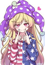  1girl adapted_costume american_flag american_flag_print blonde_hair blush closed_mouth clownpiece commentary_request fairy fairy_wings flag_print hat highres hood hoodie jester_cap long_hair looking_at_viewer pink_eyes polka_dot polka_dot_headwear print_hood purple_hat red_nails shitacemayo simple_background smile solo star_(symbol) star_print striped_clothes striped_hoodie touhou twitter_username wings 