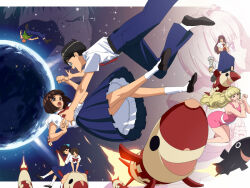  4boys 5girls anii_noe belt black_belt blonde_hair blue_pants bow bowtie brown_eyes brown_hair closed_eyes closed_mouth doctor earth_(planet) evil_grin evil_smile floating from_side glasses grin hair_bow hands_on_own_chest jewelry lab_coat loafers long_hair matsuzawa_hitomi may_(nicoseiga_32709921) missile misutenaide_daisy multiple_boys multiple_girls necktie old old_man open_mouth pants planet pleated_skirt rarako_sensei red_bow red_bowtie red_necktie sailor_collar school_uniform serafuku shoes short_hair skirt smile socks tami_(misutenaide_daisy) techno_reijirou techno_youichirou teeth upper_teeth_only white_socks yamakawa_x 