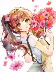  1girl :o apron arched_back breasts brown_apron brown_hair commentary_request flower flower_request green_eyes hair_flower hair_ornament hand_up highres holding holding_paintbrush long_hair looking_at_viewer open_mouth original paintbrush painting_(medium) pink_flower ponytail shirt short_sleeves solo traditional_media upper_body watercolor_(medium) white_background white_shirt yuyuharu_1027 