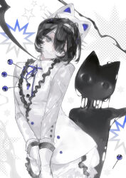  1girl absurdres animal_ears animal_hat black_eyes black_hair blue_ribbon closed_mouth cowboy_shot fake_animal_ears frills gloves hair_between_eyes hair_ornament hairband hat head_tilt heilanshuimuchu highres long_sleeves looking_at_viewer neck_ribbon original ribbon short_hair simple_background smile solo star_(symbol) white_gloves 