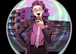  1boy akisame_kanon belt black_belt black_coat black_pants building coat corbeau_(pokemon) eyes_visible_through_eyewear eyewear_strap glasses hand_on_own_hip hand_up highres holding holding_phone male_focus monitoring_(vocaloid) open_clothes open_coat pants phone pokemon pokemon_legends:_z-a pov_peephole purple_hair purple_shirt round_eyewear shirt shirt_tucked_in short_hair smile solo teeth upper_teeth_only yellow_eyes 