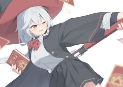  1girl ;d black_robe black_skirt blue_archive blurry blush bolt_action book bow bowtie braid breasts brown_eyes carcano collared_shirt commentary cowboy_shot crossed_bangs depth_of_field diagonal-striped_bow diagonal-striped_bowtie diagonal-striped_clothes dual_wielding dutch_angle earrings eri_(blue_archive) fighting_stance floating_card floating_hair grey_hair gun hair_between_eyes hat highres holding holding_book holding_gun holding_weapon hotarihotaru jewelry large_breasts long_hair long_sleeves looking_ahead low_ponytail miniskirt one_eye_closed open_clothes open_mouth open_robe outstretched_arm pleated_skirt ponytail red_bow red_bowtie rifle robe shirt simple_background single_braid skirt smile solo striped_bow striped_bowtie striped_clothes two-sided_fabric two-sided_headwear v-shaped_eyebrows weapon white_background white_shirt wide_sleeves witch witch_hat 