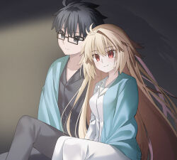  1boy 1girl archetype_earth arcueid_brunestud aro_1801 black_eyes black_hair blonde_hair commission glasses highres long_hair pajamas pixiv_commission red_eyes sitting smile tohno_shiki tsukihime tsukihime_(remake) very_long_hair 