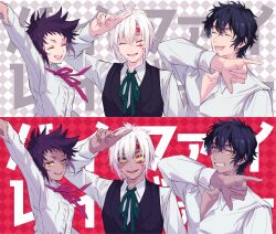  2girls 4boys allen_walker allen_walker_(nea_d_campbell) asymmetrical_sidelocks black_hair black_vest checkered_background closed_eyes collared_shirt d.gray-man dark-skinned_female dark-skinned_male dark_skin dress_shirt dual_persona facial_mark facing_viewer forehead_mark green_ribbon grey_background grin hair_between_eyes hand_up highres looking_at_viewer mature_male messy_hair mole mole_under_eye multiple_boys multiple_girls nea_d_campbell noah_(d.gray-man) open_mouth pink_ribbon purple_hair red_background ribbon road_kamelot scar scar_across_eye scar_on_face shirt short_hair sidelocks smile spiky_hair star_(symbol) star_facial_mark two-tone_background tyki_mikk uzura-000 vest white_background white_hair white_shirt yellow_eyes 