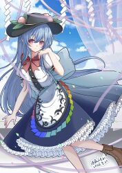  1girl absurdres apron artist_name black_hat blue_bow blue_hair blue_skirt blue_sky boots bow bowtie brown_boots buttons center_frills clouds cloudy_sky cropped_legs dutch_angle finger_to_face frilled_skirt frills hat hat_ornament highres hinanawi_tenshi huge_bow lace-up_boots leaf_hat_ornament levi long_hair long_skirt peach_hat_ornament puffy_short_sleeves puffy_sleeves rainbow_gradient_rope red_bow red_bowtie red_eyes shirt short_sleeves skirt sky solo touhou very_long_hair white_apron white_shirt 