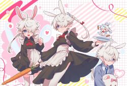  &gt;_&lt; 1boy 1girl ahoge alisaie_leveilleur alphinaud_leveilleur alternate_costume animal_ears apron ascot black_dress blue_eyes braid brother_and_sister carrot dress earrings elezen elf enmaided final_fantasy final_fantasy_xiv grid_background hair_over_one_eye hair_ribbon heart highres holding holding_plate holding_spoon iiinarulil jewelry kemonomimi_mode long_hair looking_at_viewer maid multiple_views one_eye_covered open_mouth outline pink_thighhighs plate pointy_ears ponytail rabbit_ears red_ascot ribbon siblings single_braid single_earring smile spoken_food spoken_heart spoon standing thigh-highs twins white_apron white_hair white_outline 
