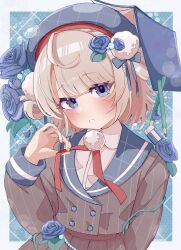  1girl absurdres alternate_color alternate_eye_color alternate_headwear_color argyle_background beret blue_background blue_flower blue_hat blue_rose blue_sailor_collar blunt_bangs blush book book_on_head braid buttons collared_shirt commentary_request double-breasted dress_shirt embarrassed flower grey_jacket grey_skirt hair_flower hair_ornament hair_rings hat highres indie_virtual_youtuber jacket kakue_gaku long_sleeves neck_ribbon notebook object_on_head parted_lips pinstripe_jacket pinstripe_pattern pinstripe_skirt pleated_skirt pom_pom_(clothes) pom_pom_hair_ornament ribbon rose sailor_collar school_uniform shigure_ui_(vtuber) shigure_ui_(vtuber)_(1st_costume) shirt short_hair side_braid side_part side_up_ring signature skirt sleeve_cuffs solo sparkling_eyes untying virtual_youtuber white_shirt winter_uniform 