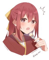  1girl ^^^ bow brown_eyes cake food food_on_face fork hachino_mugi hair_bow highres japanese_clothes kamikaze_(kancolle) kantai_collection kimono looking_at_viewer meiji_schoolgirl_uniform red_hair red_kimono simple_background solo upper_body white_background 