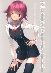  1girl black_thighhighs bow breasts buttons chaos;child chest_bow collarbone double-breasted dress_vest hair_between_eyes hekiho_academy_school_uniform highres leaning_to_the_side long_sleeves looking_to_the_side miniskirt no_jacket official_art one_eye_closed onoe_serika parted_lips pink_eyes pink_hair red_bow sailor_collar sailor_shirt sasaki_mutsumi school_uniform science_adventure shirt short_hair short_hair_with_long_locks skirt small_breasts solo thigh-highs v-shaped_eyebrows white_sailor_collar zettai_ryouiki 