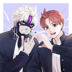  2boys black_jacket black_nails border brown_eyes ccs_akimi collared_shirt dandadan dual_persona earrings english_commentary enjoji_jin evil_eye_(dandadan) gakuran heart_hands_failure highres jacket jewelry kami_high_school_uniform long_sleeves looking_at_viewer male_focus middle_finger multiple_boys open_mouth outside_border possessed red_hair school_uniform sharp_teeth shirt short_hair teeth third_eye upper_body violet_eyes white_border white_hair white_shirt 