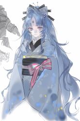  1girl black_sash blue_hair blue_kimono bow facial_mark forehead_mark hair_bun hair_intakes hair_ornament heilanshuimuchu highres japanese_clothes kimono long_hair long_sleeves looking_at_viewer obi original parted_lips sash sidelocks simple_background sleeves_past_fingers sleeves_past_wrists smile solo upper_body violet_eyes white_background wide_sleeves 