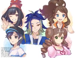  2boys 3girls :d absurdres adaman_(pokemon) beanie black_hair black_hat blue_eyes blue_hair bright_pupils brown_eyes brown_hair closed_mouth commentary_request double_bun drill_hair earrings elio_(pokemon) eyelashes green_eyes grin hair_bun hand_up hat highres hilda_(pokemon) hilda_(sygna_suit)_(pokemon) jewelry loose_hair_strand lower_teeth_only multiple_boys multiple_girls neck_ring official_alternate_costume one_eye_closed open_mouth pokemon pokemon_bw2 pokemon_legends:_arceus pokemon_masters_ex pokemon_sm pokestar_studios ponytail puff_of_air red_hat rosa_(pokemon) ryusa_(gjgd7445) selene_(pokemon) shirt short_sleeves sidelocks smile teeth tongue twin_drills 