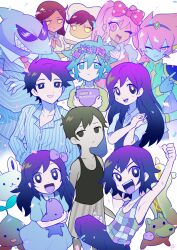  4girls 6+boys antenna_hair aubrey_(headspace)_(omori) aubrey_(omori) basil_(headspace)_(omori) basil_(omori) biscuit_(omori) black_eyes black_hair black_tank_top blue_gloves blue_shirt blue_skin blue_suit book bow bright_pupils brown_eyes brown_hair captain_spaceboy closed_mouth collarbone collared_shirt colored_skin colored_tongue crossed_arms dark-skinned_female dark-skinned_male dark_skin double-parted_bangs doughie_(omori) fingerless_gloves flower forest_bunny_(omori) g_tsurius gloves green_eyes green_hair hair_between_eyes hair_bow head_wreath hector_(omori) hero_(headspace)_(omori) hero_(omori) holding holding_book holding_knife holding_stuffed_toy hot_diggity_dog_(omori) kel_(headspace)_(omori) kel_(omori) knife long_hair long_sleeves looking_at_viewer mari_(headspace)_(omori) mari_(omori) mr._jawsum mr._plantegg_(omori) multiple_boys multiple_girls neckerchief necktie omori omori_(omori) one_eye_closed open_mouth pajamas pet_rock pink_bow pink_eyes pink_hair pinstripe_pattern pinstripe_suit polka_dot polka_dot_bow puffy_short_sleeves puffy_sleeves purple_bow purple_hair purple_shorts purple_sweater_vest purple_tongue red_neckerchief red_necktie sharp_teeth shirt short_hair short_sleeves shorts sidelocks smile sprout_mole striped_clothes striped_pajamas striped_shorts stuffed_eggplant stuffed_toy suit sunglasses sweater_vest sweetheart_(omori) swept_bangs t-shirt tank_top teeth upper_teeth_only vertical-striped_clothes vertical-striped_pajamas vertical-striped_shorts vertical-striped_suit violet_eyes white_pupils white_shirt white_shorts white_skin 