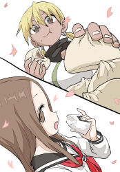  2girls :t absurdres asagao_(kunoichi_tsubaki_no_mune_no_uchi) bite_mark black_sailor_collar black_scarf blonde_hair brown_eyes brown_hair closed_mouth creator_connection crossover dark-skinned_female dark_skin eating falling_petals food food_on_face giving_food highres holding holding_food japanese_clothes karakai_jouzu_no_takagi-san kimono kunoichi_tsubaki_no_mune_no_uchi looking_to_the_side low_twintails medium_hair multiple_girls neckerchief onigiri open_mouth parted_bangs petals red_neckerchief sailor_collar scarf school_uniform sleeveless takagi-san twintails upper_body white_kimono yamamoto_souichirou 
