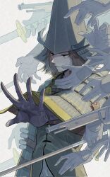  1boy am1582 armor black_gloves brown_eyes brown_hair expressionless feet_out_of_frame gloves gun helmet highres japanese_armor kabuto_(helmet) katana looking_ahead male_focus mouri_motonari_(sengoku_basara) outstretched_arm sengoku_basara simple_background spread_fingers sword weapon white_background 