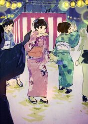  3girls animal_print arm_up black_hair black_sandals blue_flower blue_kimono blue_sandals blush closed_mouth commentary_request dancing festival fish_print floral_print floral_print_kimono flower green_kimono grey_eyes hair_flower hair_ornament hand_fan highres holding holding_fan japanese_clothes kimono lantern lens_flare looking_at_viewer looking_to_the_side multiple_girls night nimirom obi obijime original outdoors paper_fan paper_lantern parted_lips people pink_kimono pink_sash ponytail print_kimono sandals sash short_hair short_ponytail sideways_glance smile socks standing tabi uchiwa white_sash white_socks wide_sleeves yukata 