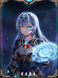  1girl android black_capelet black_corset blue_eyes blue_hair capelet character_name chest_jewel corset dm_(nguyen_dm95) flat_chest hair_ornament heterochromia highres kara_(king&#039;s_raid) king&#039;s_raid long_hair looking_at_viewer mechanical_arms neck_ribbon ribbon shirt solo white_shirt yellow_eyes 