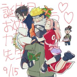  1girl 4boys arms_around_neck black_gloves black_hair black_headband black_jacket black_mask black_shirt black_shoes blonde_hair blush bouquet bow brown_hair cake carrying child closed_eyes closed_mouth dress facial_mark fingerless_gloves food gift gloves green_vest grey_hair hairband haruno_sakura hatake_kakashi headband holding holding_bouquet holding_cake holding_food jacket long_hair mask mouth_mask multiple_boys naruto_(series) nmyuo open-toe_shoes open_mouth parted_bangs pelvic_curtain piggyback pink_bow pink_hair ponytail red_dress shirt shoes short_hair short_sleeves smile spiky_hair sweatdrop uchiha_sasuke umino_iruka upper_body uzumaki_naruto vest whisker_markings white_background white_shoes 
