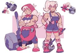  apron bonnet boots colored_skin full_body gloves hammer highres holding holding_hammer holding_mallet juno_son long_hair mallet multicolored_hair multiple_girls muscular muscular_female overall_shorts overalls pink_hair pink_skin pokemon pokemon_(creature) pokemon_sv ponytail reference_inset slippers smile standing tinkaton tinkatuff twintails two-tone_hair weapon 