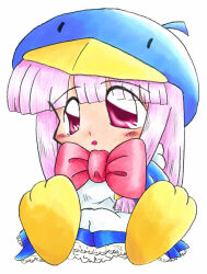  1girl :o animal_costume animal_hat animal_hood apron bad_id blue_dress blue_hat blunt_bangs bow bowtie chibi chibi_only dress flippers frilled_dress frills full_body fumifumikick hair_over_shoulder hat highres hood light_blush linux linux-tan long_hair looking_to_the_side open_mouth os-tan penguin_costume penguin_hood pink_hair red_bow red_bowtie red_eyes simple_background white_apron white_background 