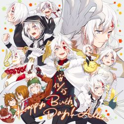  6+boys absurdres age_difference allen_(dog)_(d.gray-man) allen_walker animal_on_head antenna_hair bandaged_arm bandaged_hand bandages bare_shoulders belt birthday black_coat black_gloves black_jacket black_necktie black_order_uniform black_pants black_shirt black_vest black_wrist_cuffs blue_jacket blush brown_hair brown_jacket buttons cat cat_on_head checkered_clothes checkered_jacket claw_(weapon) clenched_hand clenched_teeth clown clown_makeup coat collared_shirt colored_extremities colored_skin creature cropped_shirt cross d.gray-man dango dog dress_shirt earrings emblem english_text facial_mark facing_to_the_side facing_viewer fingerless_gloves fingernails floating_earrings floating_jacket food food_in_mouth forehead_mark front_zipper fur-trimmed_jacket fur_trim giant_hand gloves gold_ring golem_(d.gray-man) green_hat green_ribbon green_star green_vest grey_background grey_eyes grin hair_between_eyes hair_ribbon hair_slicked_back hand_on_own_head hand_up happy_birthday hat heterochromia highres holding holding_sword holding_weapon hood hood_down hood_up hooded_coat hooded_jacket horns huge_weapon jacket jewelry light_smile long_hair looking_at_viewer looking_down looking_to_the_side looking_up low_ponytail male_focus mask messy_hair military military_uniform mini_person mitarashi_dango multicolored_jacket multiple_boys multiple_persona necktie on_creature on_head one_eye_closed open_clothes open_jacket open_mouth orange_scarf over_shoulder pants parted_lips ponytail red_eyes red_jacket red_ribbon red_star ribbon ribbon_around_head ring scar scar_across_eye scar_on_face scarf sharp_fingernails sharp_teeth shirt short_hair shoulder_tattoo sidelocks signature single_earring single_glove sleeveless sleeveless_shirt smile star_(symbol) star_facial_mark striped_clothes striped_coat striped_jacket striped_scarf surprised sweat sweatdrop sword sword_over_shoulder tail tattoo teeth timcanpy turtleneck turtleneck_shirt two-tone_jacket unworn_mask uzura-000 vertical-striped_clothes vertical-striped_coat vertical-striped_jacket vest wagashi weapon weapon_over_shoulder white_fur white_gloves white_hair white_jacket white_scarf white_shirt white_skin wings wrist_cuffs yellow_star zipper 