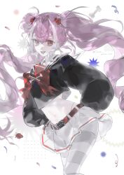  1girl absurdres belt bow bowtie crop_top hair_between_eyes hair_ornament heilanshuimuchu highres long_hair midriff multicolored_hair navel open_mouth original pink_hair pleated_skirt red_bow red_eyes sailor_collar school_uniform skirt smile striped_clothes striped_thighhighs thigh-highs twintails very_long_hair white_hair white_skirt 