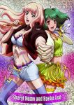  blonde_hair blue_eyes breasts cleavage elbow_gloves gloves green_hair highres holding_hands long_hair macross macross_frontier microphone midriff multiple_girls ranka_lee red_eyes scan sheryl_nome short_hair shorts skirt thigh-highs thighhighs wings 