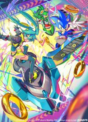 1girl 2boys akikan_(kantaro) black_jacket blue_eyes blue_hair blue_shirt crossover crypton_future_media hatsune_miku highres hoverboard jacket jet_the_hawk long_hair multiple_boys official_art ring_(sonic) sega shirt sonic_(series) sonic_racing:_crossworlds sonic_riders sonic_the_hedgehog twintails vocaloid