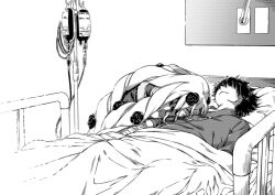  1boy 1girl absurdly_long_hair anna_sprengel bed big_hair blanket closed_eyes closed_mouth flower greyscale haimura_kiyotaka hair_flower hair_ornament halftone_dot_(medium) highres hospital_bed hospital_gown intravenous_drip kamijou_touma long_hair lying monochrome novel_illustration official_art on_bed pillow rose shirt short_hair spiky_hair standing toaru_majutsu_no_index toaru_majutsu_no_index:_genesis_testament under_covers very_long_hair 