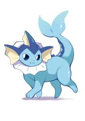  absurdres animal_focus blue_eyes blue_fur blue_sclera cetacean_tail closed_mouth colored_sclera fins fish_tail forked_tail full_body head_fins highres komanychi looking_at_viewer no_humans pokemon pokemon_(creature) pokemon_focus simple_background smile solo tail vaporeon white_background 