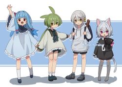  4girls :d animal_ear_fluff animal_ears arm_up artist_name backpack bag black_dress blue_background blue_dress blue_hair blue_shoes blunt_bangs boots bow bowtie cat_ears cat_girl cat_tail closed_mouth commentary_request corn_kuten drawstring dress frilled_dress frilled_sleeves frills full_body green_bow green_bowtie green_hair green_shoes grey_boots grey_hair grey_socks hair_between_eyes holding_strap hood hood_down hoodie iori_yuzuru kotonoha_aoi long_hair long_sleeves looking_at_viewer multiple_girls open_mouth outstretched_arm pink_eyes red_eyes sayo_(voicevox) shoes short_hair smile socks standing stuffed_animal stuffed_cat stuffed_toy tail thigh_boots twitter_username voiceroid voicevox white_hoodie white_socks yellow_eyes zundamon 