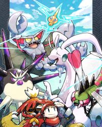  1boy adjusting_clothes adjusting_headwear blue_eyes blue_sky bug closed_eyes closed_mouth clouds commentary_request day dripping fangs gliscor hat highres hisuian_decidueye hisuian_goodra insect_wings no_sclera odo_7ta open_mouth orange_eyes overqwil pincers pokemon pokemon_(creature) pokemon_legends:_arceus red_hat red_scarf rei_(pokemon) rotom rotom_(normal) scarf sharp_teeth sky slime_(substance) smile spines teeth upper_teeth_only v-shaped_eyes wings yanmega 