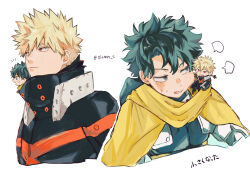  4boys bakugou_katsuki black_shirt blonde_hair boku_no_hero_academia cape cheek_pull closed_mouth commentary_request cropped_torso freckles frown green_eyes green_hair highres hood hood_down looking_to_the_side male_focus midoriya_izuku mini_person miniboy multiple_boys oismn_s red_eyes scar scar_on_cheek scar_on_face shirt short_hair sideways_glance sitting sitting_on_shoulder superhero_costume sweatdrop teeth twitter_username upper_body yellow_cape 