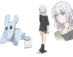  1girl absurdres bang_dream! bang_dream!_it's_mygo!!!!! black_boots black_shirt blue_eyes boots commentary_request creature drinking_straw full_body heterochromia highres holding_carton jennifer_(bang_dream!) kanade_(kanade_3344) kaname_raana layered_sleeves long_sleeves medium_hair multiple_views shirt short_over_long_sleeves short_sleeves simple_background translation_request white_background white_hair white_shirt yellow_eyes 