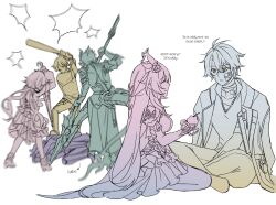  2girls 4boys baseball_bat caelus_(honkai:_star_rail) coat commentary_request cyrene_(honkai:_star_rail) cyrene_(ripples_of_past_reverie)_(honkai:_star_rail) dan_heng_(honkai:_star_rail) dan_heng_(permansor_terrae)_(honkai:_star_rail) dragon_boy dragon_tail dress eastern_dragon_horns english_text evernight_(honkai:_star_rail) fighting h0913726 highres holding holding_baseball_bat holding_polearm holding_umbrella holding_weapon honkai:_star_rail honkai_(series) indian_style korean_commentary long_hair lygus_(honkai:_star_rail) march_7th_(honkai:_star_rail) multiple_boys multiple_girls multiple_monochrome pants phainon_(honkai:_star_rail) phainon_(khaslana)_(honkai:_star_rail) polearm short_hair simple_background sitting tail trailblazer_(honkai:_star_rail) umbrella very_long_hair weapon white_background yellow_eyes 