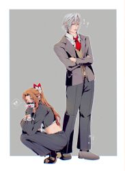  1boy 1girl ? ?? absurdres aerith_gainsborough aerith_gainsborough_(midgard_seventh_high_school) bandaged_chest black_gloves black_mask black_pants black_sailor_collar black_shirt black_shoes black_skirt blush border bracelet brown_cardigan brown_hair cardigan collared_shirt colored_tips crop_top crossed_arms delinquent envelope final_fantasy final_fantasy_vii final_fantasy_vii_ever_crisis flower gloves grey_background grey_hair grey_jacket grey_neckerchief hair_between_eyes hair_flower hair_ornament hair_ribbon hetero highres holding holding_envelope jacket jewelry long_hair long_skirt long_sleeves love_letter mask midriff mouth_mask multicolored_hair neckerchief necktie official_alternate_costume pants parted_bangs pleated_skirt ponytail red_hair red_necktie red_ribbon ribbon sailor_collar school_uniform sephiroth sephiroth_(ever_crisis) sephiroth_(shinra_private_academy) shanlieart shirt shoes short_hair sidelocks skirt squatting standing suit_jacket sukeban wavy_hair white_border white_flower white_shirt 