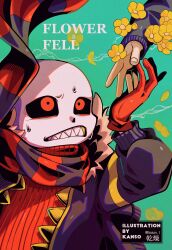  1boy 1other alternate_universe bad_id bad_pixiv_id black_jacket black_scarf clenched_teeth copyright_name film_grain fingernails flower flowerfell frisk_(undertale) frown fur-trimmed_jacket fur_trim gloves gold_teeth green_background hand_up highres inactive_account jacket kansou_(kanso_1) long_sleeves looking_at_another looking_up male_focus open_clothes open_jacket puffy_long_sleeves puffy_sleeves red_eyes red_gloves red_scarf red_sweater ribbed_sweater sans_(undertale) scarf sharp_teeth simple_background skeleton solo_focus striped_clothes striped_scarf sweat sweater teeth turtleneck turtleneck_sweater twitter_username two-tone_scarf undertale utdr_(toby_fox) watermark yellow_flower yellow_petals 